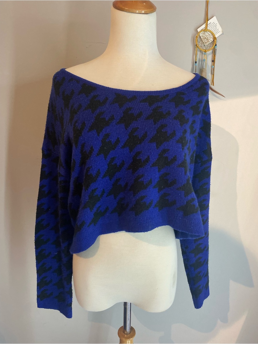 36 Point 5 Royal Blue and Black Houndstooth Scoop Neck Sweater
